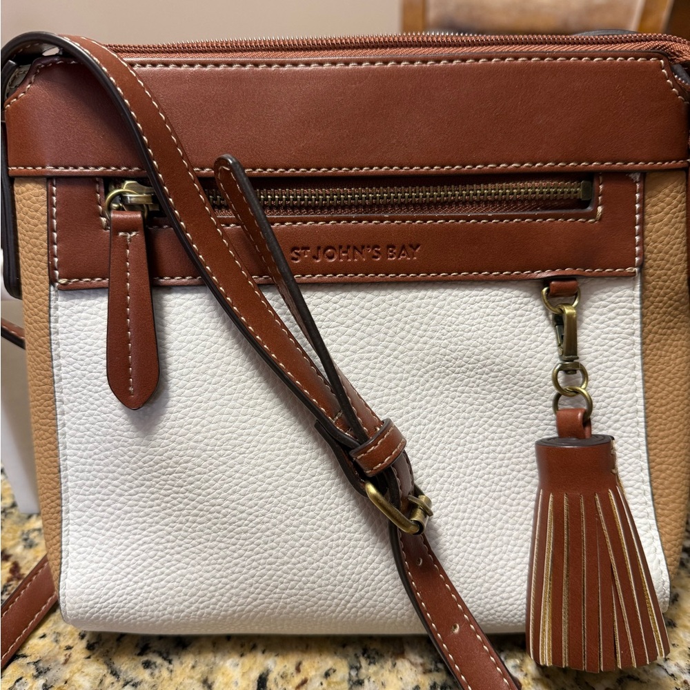 St. John's Bay White, Brown & Tan Crossbody Bag with Tassel